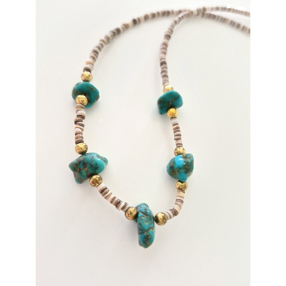 Southwest Turquoise Nugget Heishi Shell Bead Choker Necklace - Picture 2 of 6